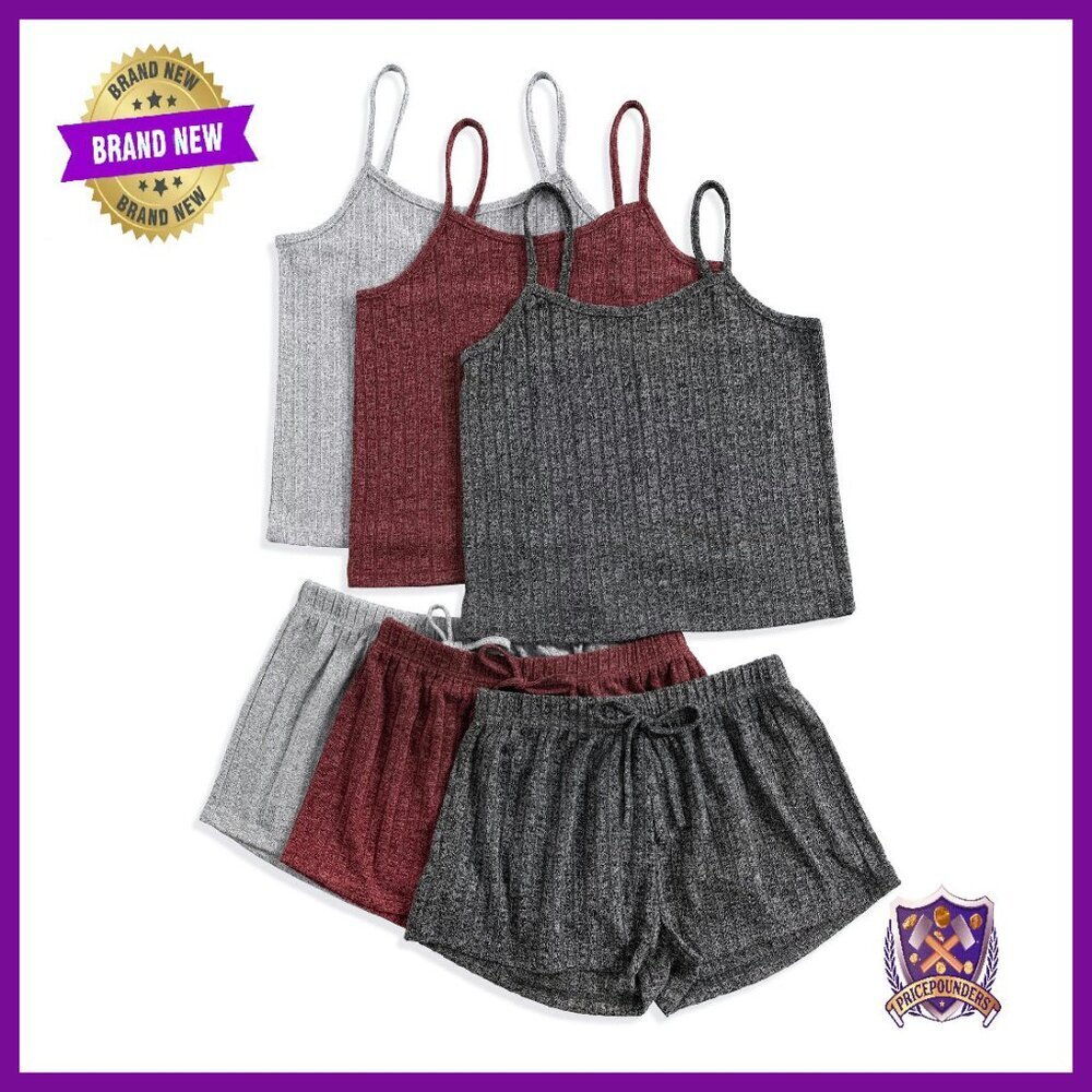 Ribbed Pajama Set Crop Cami Top Tie Front Shorts Lounge Sleepwear